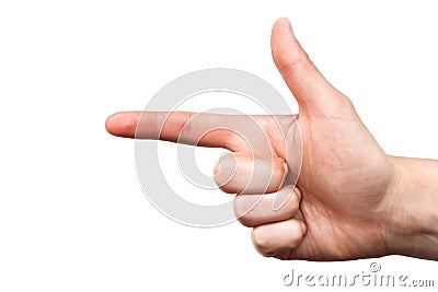 Man`s hand points a finger at something isolated on white background. Close male. Stock Photo