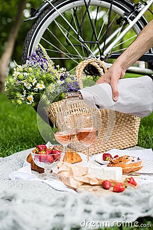 Man`s hand pouring rose wine into glasses, summer picnic Stock Photo