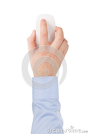 Man's hand in a shirt on a modern wireless glass touch mouse. Stock Photo