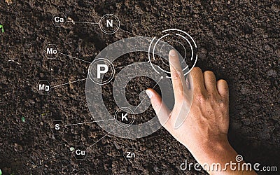 The man`s hand touches the loamy soil with proper technology for cultivating the soil containing the nutrients that are essential Stock Photo