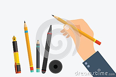 Man`s hand with writing tools and office supplies set. Flat illu Vector Illustration