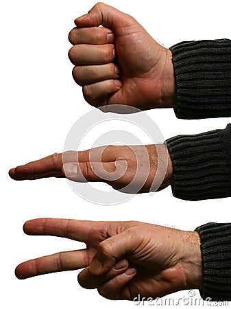 Man's hands doing rock, paper, scissors Stock Photo