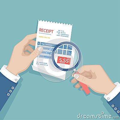 Man`s hands with magnifying glass above receipt inspects the payment. Studying paying bill. Paying goods, service, utility Vector Illustration