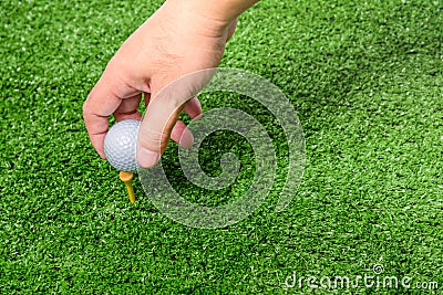 The man`s hands are putting the golf ball on the tee. in the green lawn. To prepare for the start of golf game Stock Photo