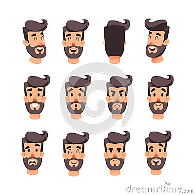 Man s head with different emotions. Cartoon vector male faces character set. Facial emotions for game or animation. Back Vector Illustration