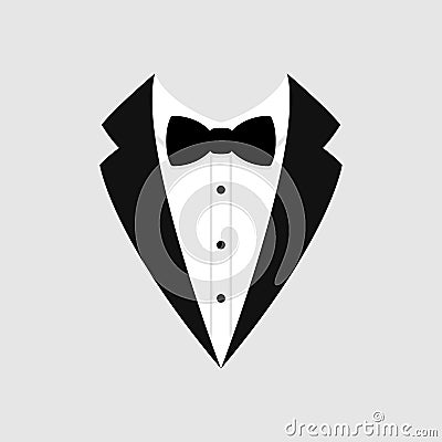 Man`s jacket. Tuxedo. Weddind suit with bow tie. Vector icon. Vector Illustration