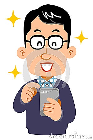 A man`s joyful expression wearing glasses operating a smartphone Vector Illustration