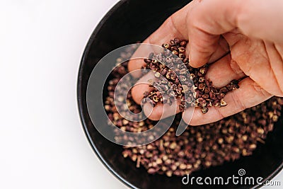 Man`s palm taking a scented Sichuan pepper from the bowl on the white table. Sichuan pepper or Chinese pepper or Timur or Nepali Stock Photo