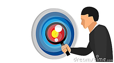 A man`s right hand holding a lens loop is looking at the desired target point. the character teaches seeing the middle target wit Vector Illustration