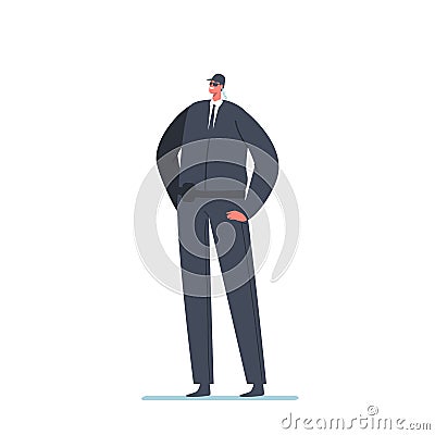 Man Safeguard Wear Black Suit, Cap, Sunglasses And Microphone In Ear Stand With Arms Akimbo. Professional Security Vector Illustration