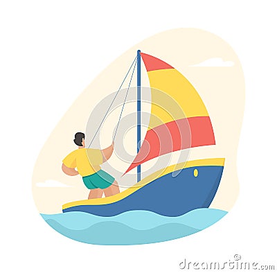 Man is sailing. Active yachting with adrenaline racing water Vector Illustration