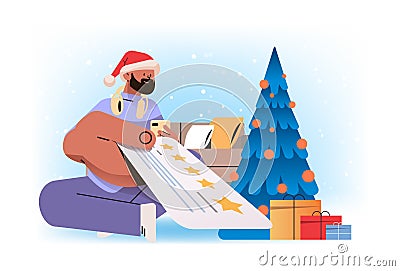 man in santa claus hat holding review stars rating customer feedback satisfaction level online survey christmas holidays Vector Illustration