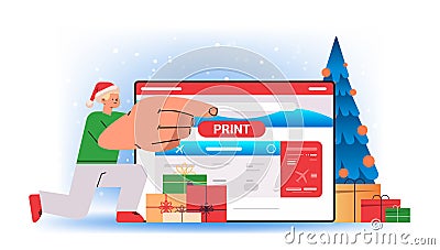 man in santa claus hat printing tickets via computer app online booking searching for flight service concept horizontal Vector Illustration