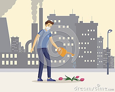 Man saving nature flat color illustration. Young caucasian guy cartoon character watering dying flowers in industrial Vector Illustration