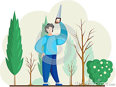 Man sawing plant with hand saw. Professional garden worker working with bush or tree in backyard Vector Illustration