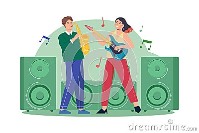 Man with saxophone and woman with guitar Vector Illustration