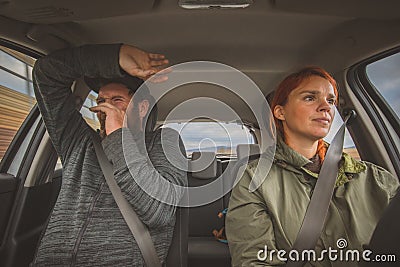 Man scared by female driver Stock Photo