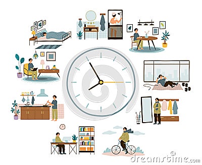 Man daily schedule. Lifestyle activities temporal distribution. Guy life day, round clock planning time, different Vector Illustration