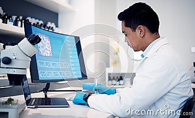 Man, scientist and computer with virus, bacteria and research data in laboratory. Science worker writing notes on Stock Photo