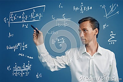 Man scientist or student working with various high school maths and science formulas. Stock Photo