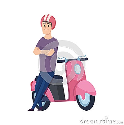 Man and scooter. Pink motorcycle, flat male character in helmet. Boy waiting near transport vector illustration Vector Illustration