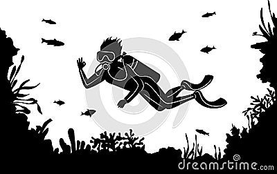 Man scuba diving silhouette Vector Illustration