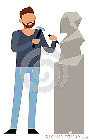 Man sculpting statue. Stone sculptor icon in cartoon style Vector Illustration