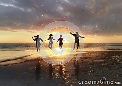 man group sunset youth happiness vacation fun jump ocean friend company. Generative AI. Stock Photo