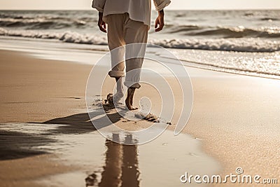 Man sea walk beach. Generate Ai Stock Photo