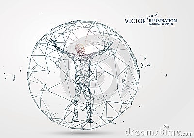 A man sealed in a sphere,Lines connected to Science fiction scene, symbolizing the meaning of artificial intelligence Vector Illustration