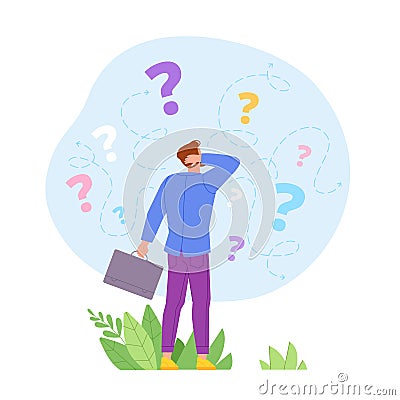 Man searching decision. Confused manager or entrepreneur with business questions, find lost information concept doubt Vector Illustration