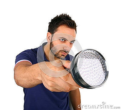 Man searching with flashlight. Stock Photo
