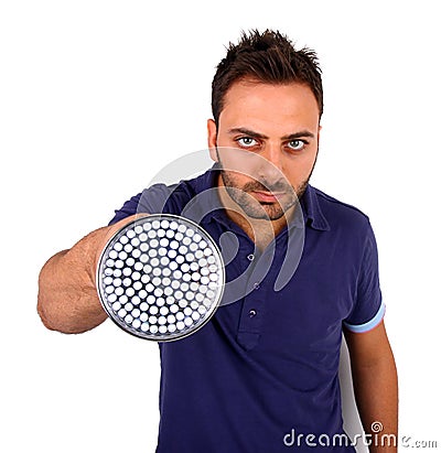 Man searching with flashlight. Stock Photo