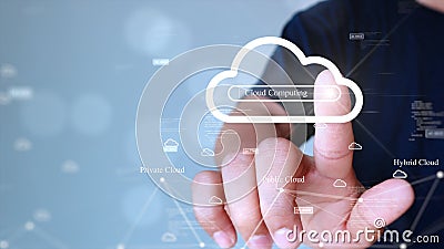 A man is searching for information on cloud computing technology to use. Touching the cloud icon on the right with a fingertip. Stock Photo