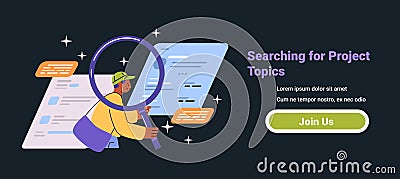 Man searching project topics with magnifying glass digital documents dark background website banner Vector Illustration