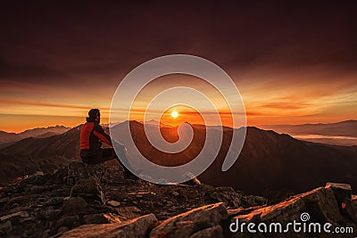 Man seating on the top of mountain at sunrise, hiking and climbing Stock Photo