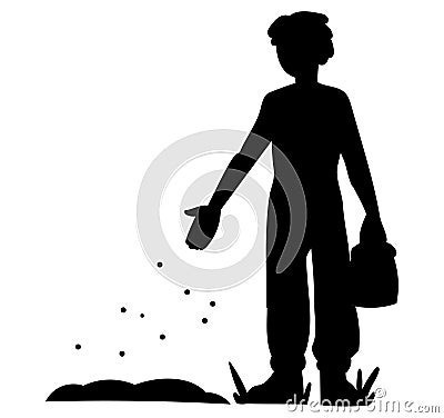 A man Seeding or planting a plant on a natural soil background. Male gardener cartoon character Vector Illustration