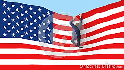 A man is seen climbing up a flag like a ladder in this 3-D illustration Cartoon Illustration