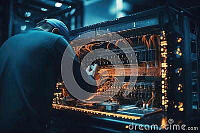 A man is seen working on a computer amidst racks of servers in a busy server room, Portrait of smiling female technician in server Stock Photo