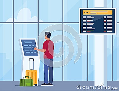 Man self check in at automatic machine in airport terminal. Buying ticket using interactive terminal. Airport interior with Vector Illustration