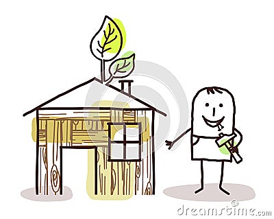 Man and self-made wood house Vector Illustration