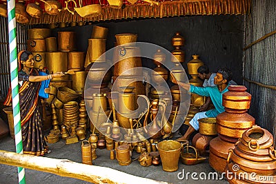 Man selling copper vessels, sculpture museum, Kaneri Math, Kolhapur, Maharashtra Editorial Stock Photo