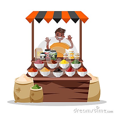 Man selling food spice. Asian colorful spices market Vector Illustration