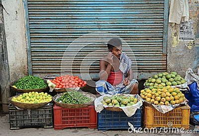 A man selling fresh fruits at market in Delhi, India Editorial Stock Photo