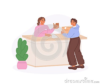 Man sending parcel from post office. Young customer stand at counter desk at post building with box Vector Illustration