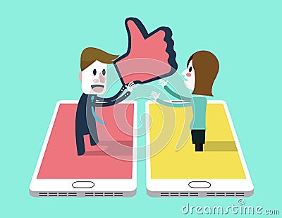 Man sent thump up icon to A girl on smartphone. Vector Illustration