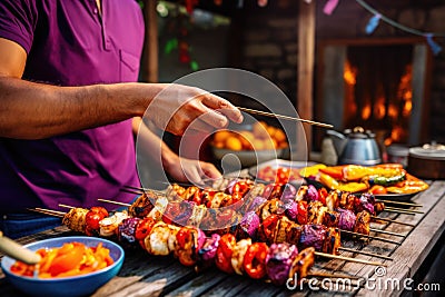 man serving colorful grilled shrimp on skewers Stock Photo