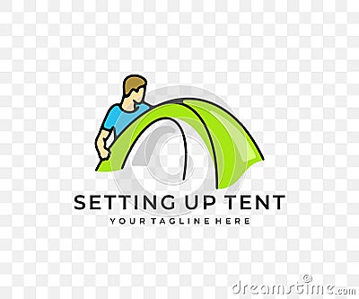 Man sets up tent, camping and camp, colored graphic design Vector Illustration