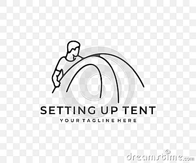 Man sets up tent, camping and camp, linear graphic design Vector Illustration