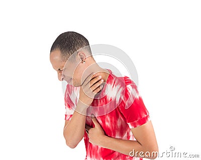 Man with severe sore throat. He is Latin American and is wearing Stock Photo